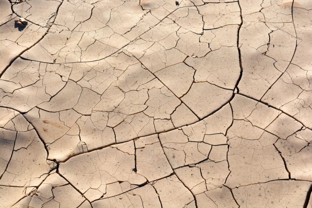 Dry cracked ground during a drought, a sign of low recharge for private wells